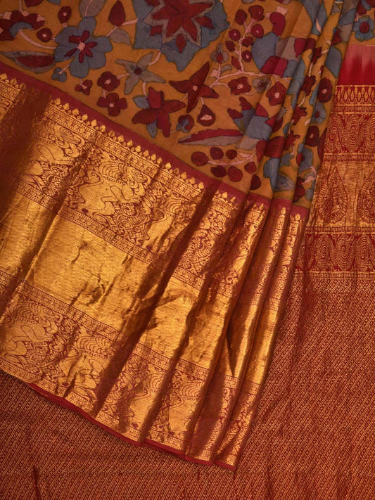 Yellow and Red Kalamkari Hand Painted Kanchipuram Silk Handloom Saree with Floral Design KL0623