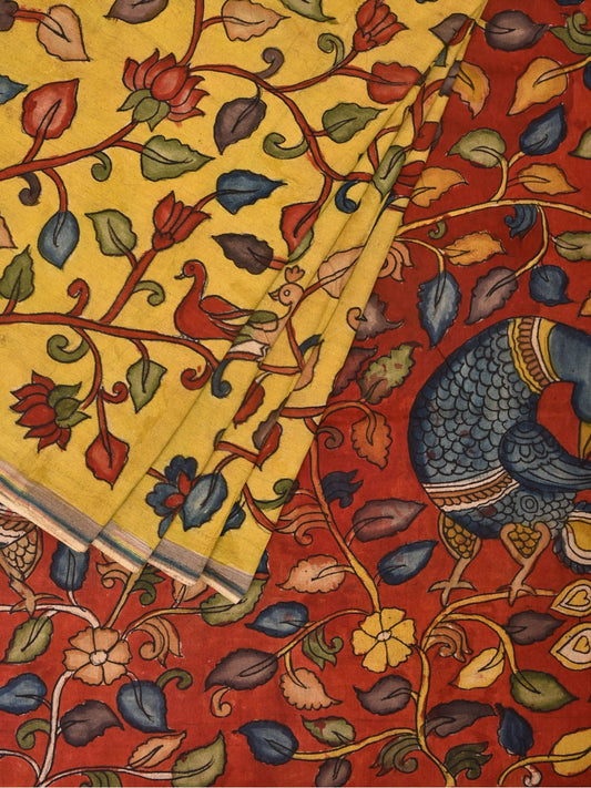 Yellow and Red Kalamkari Hand Painted Sico Saree with Floral and Peacocks Pallu Design KL0733