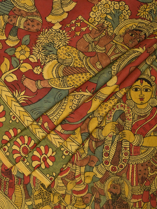 Yellow and Red Kalamkari Hand Painted Silk Handloom Saree with Ramayana Design KL0766