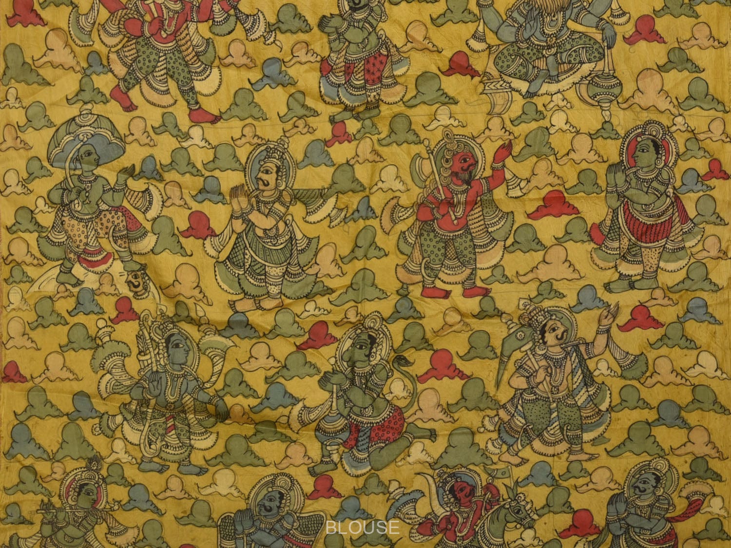 Yellow and Red Kalamkari Hand Painted Silk Handloom Saree with Ramayana Design KL0766