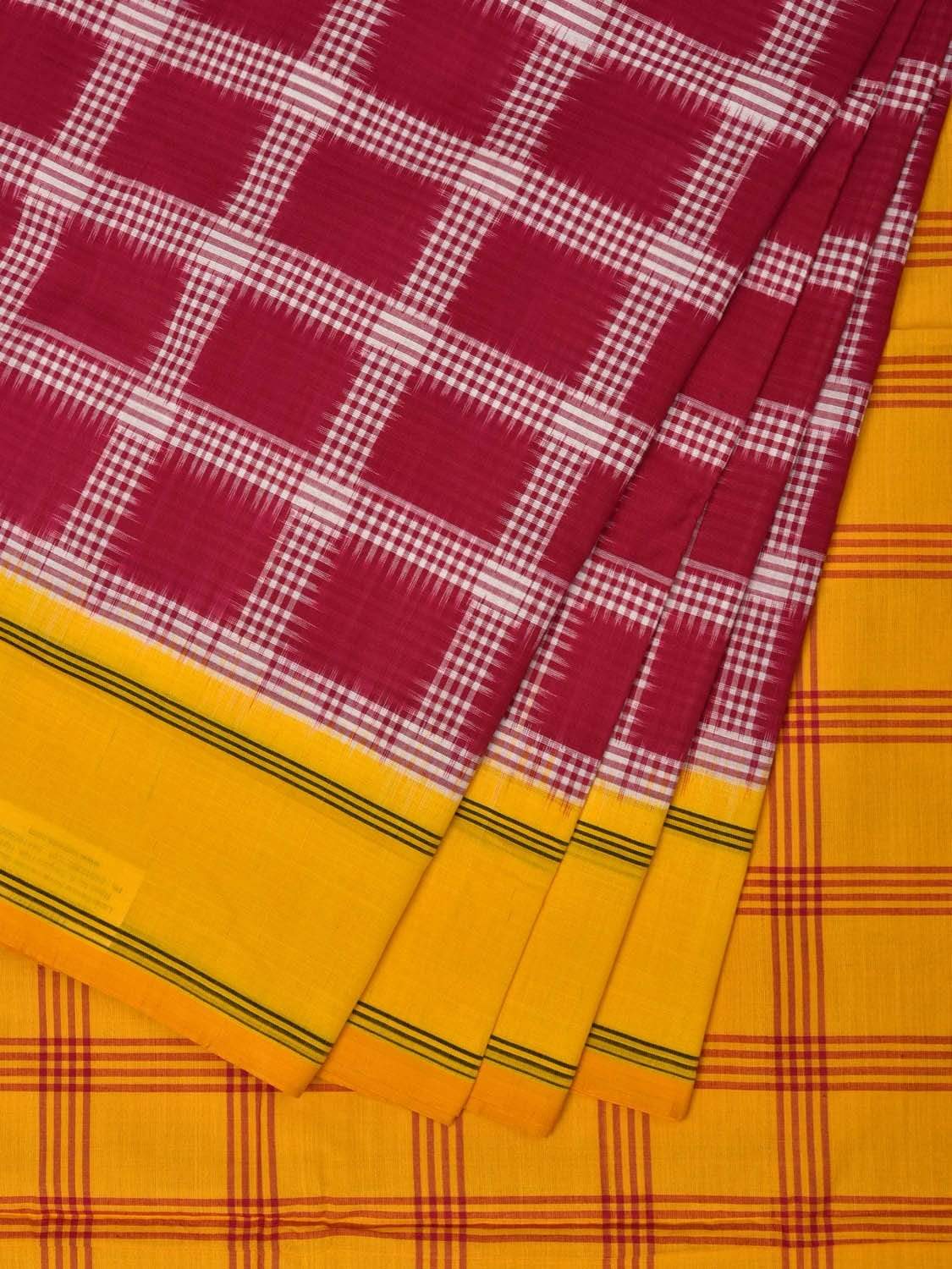 Yellow and Red Pochampally Ikat Cotton Handloom Saree with Checks Design i0597