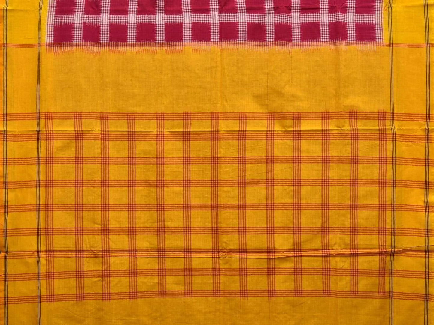 Yellow and Red Pochampally Ikat Cotton Handloom Saree with Checks Design i0597