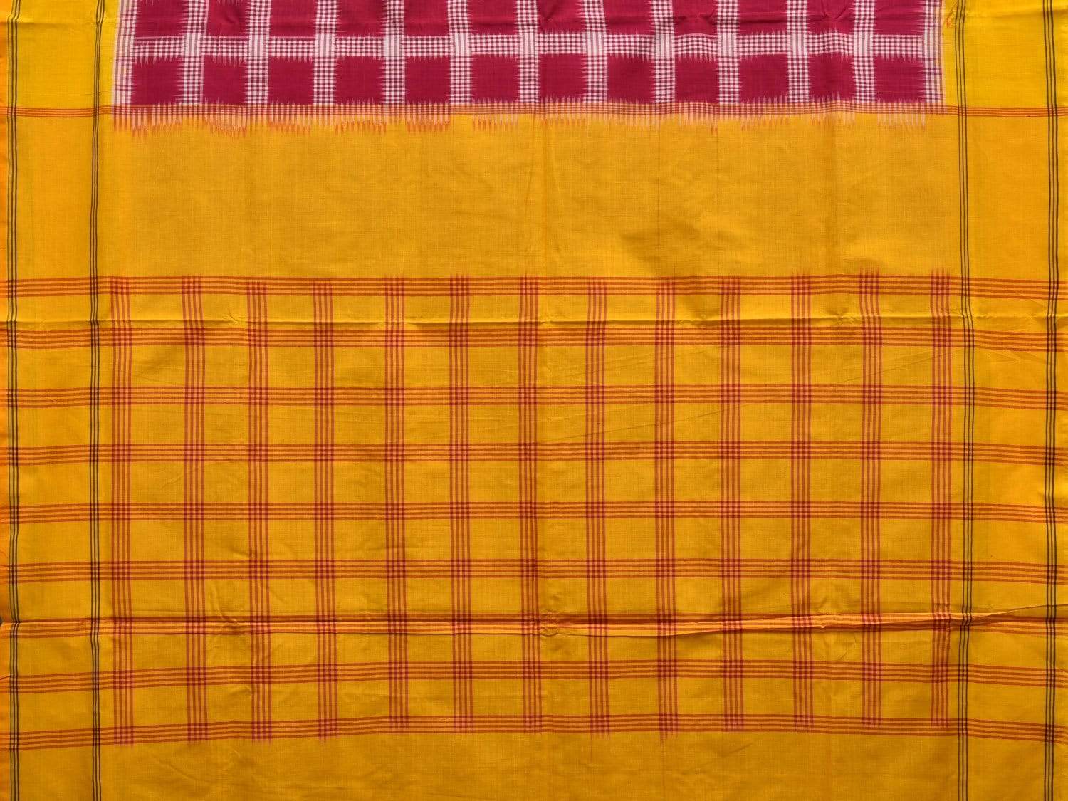 Yellow and Red Pochampally Ikat Cotton Handloom Saree with Checks Design i0597