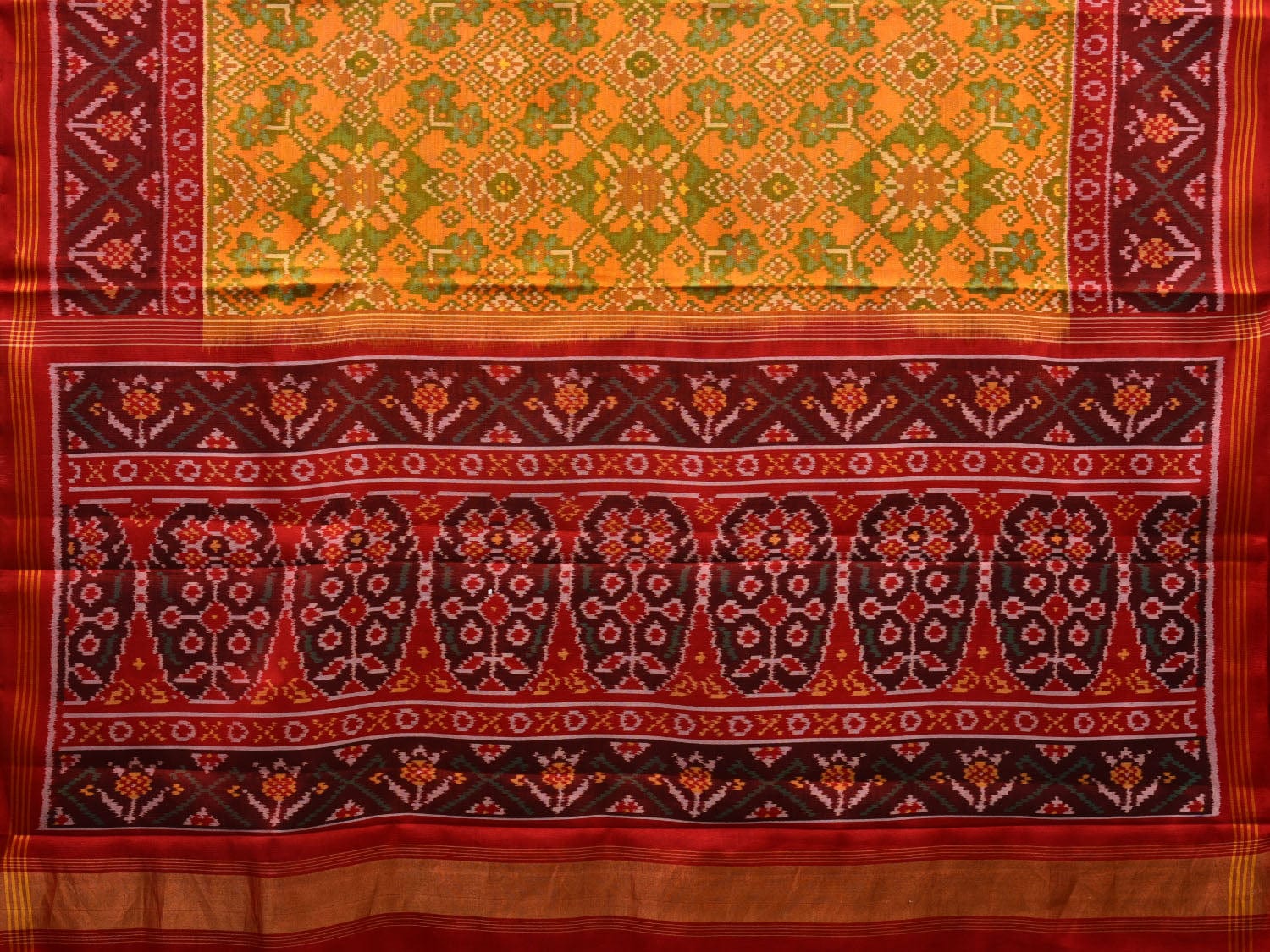 Yellow and Red Pochampally Ikat Silk Handloom Saree with Grill Design i0679
