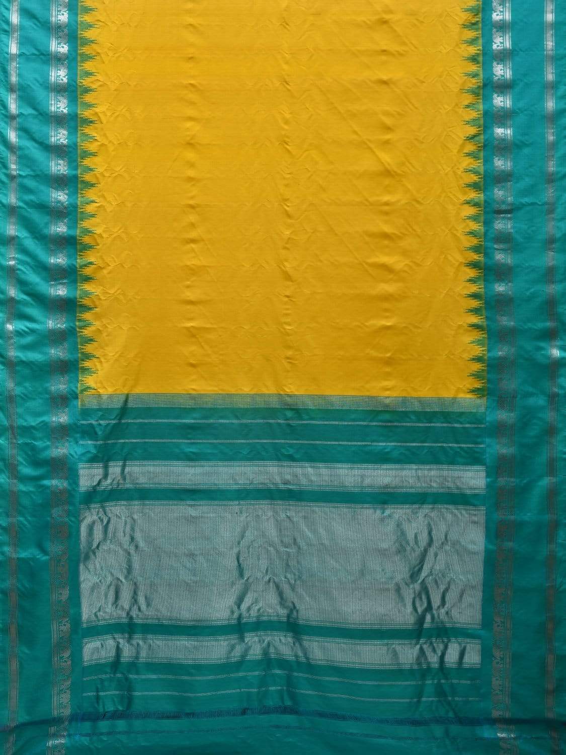 Yellow and Turquoise Gadwal Silk Handloom Saree with Temple Border Design g0275