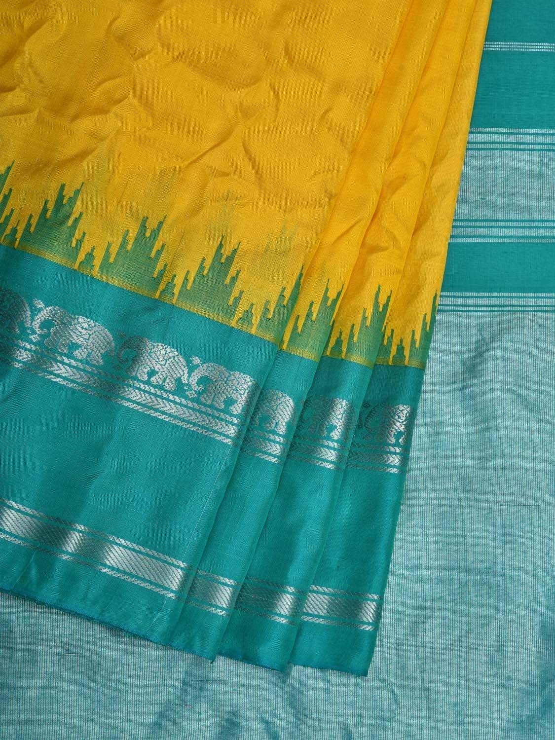 Yellow and Turquoise Gadwal Silk Handloom Saree with Temple Border Design g0275