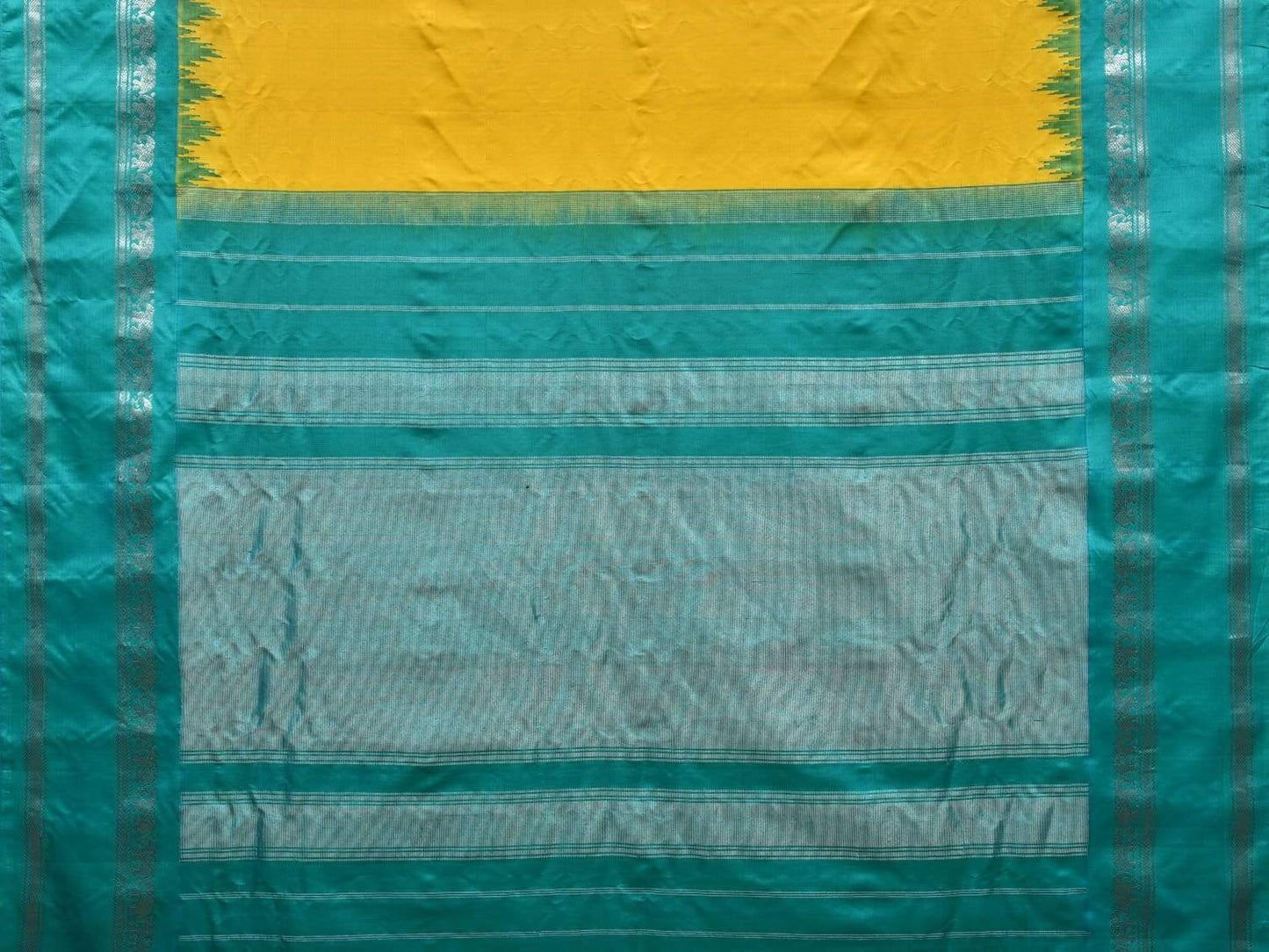 Yellow and Turquoise Gadwal Silk Handloom Saree with Temple Border Design g0275