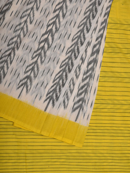 Yellow and White Pochampally Ikat Cotton Handloom Saree with Strips Pallu Design i0732