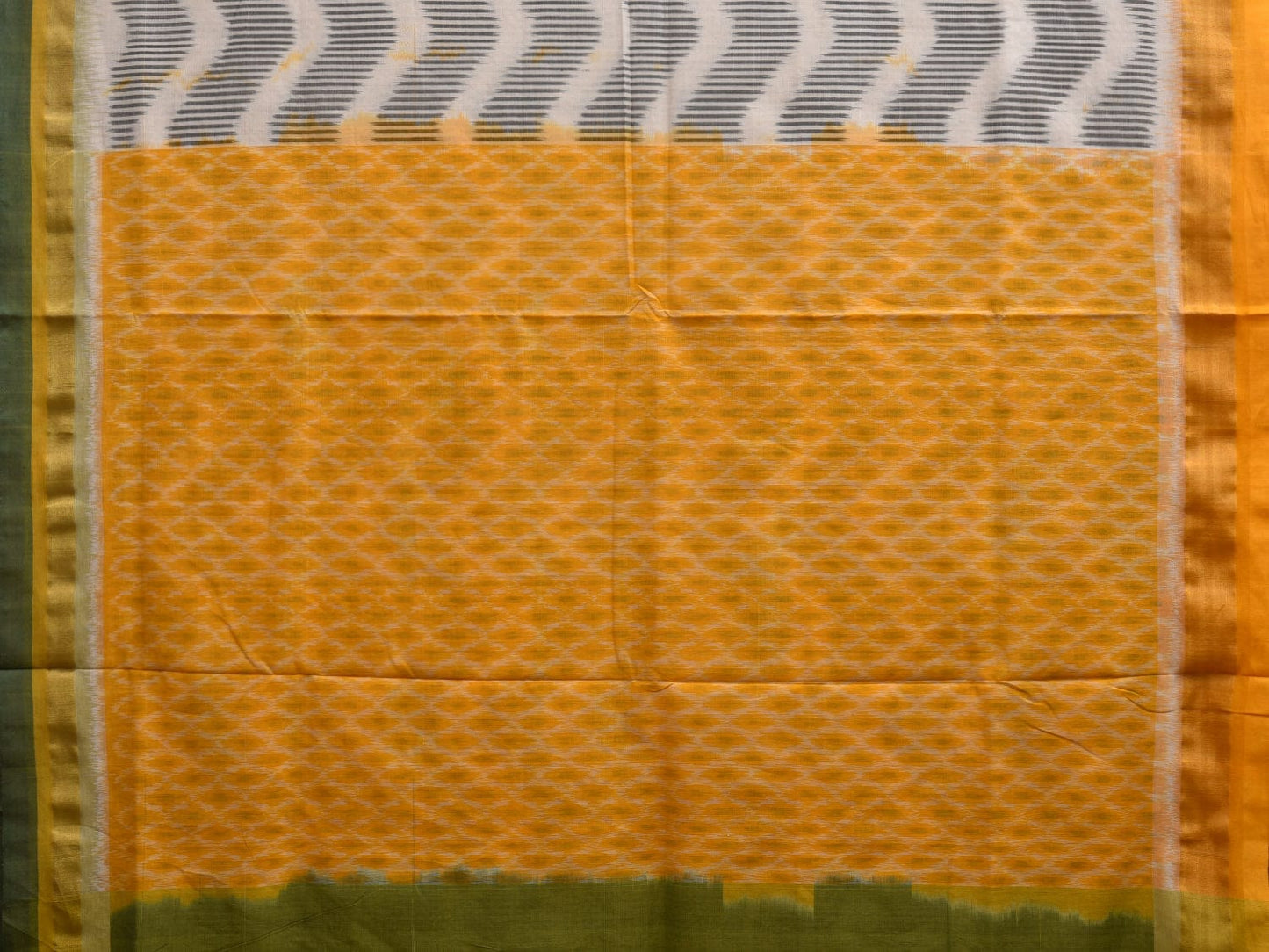 Yellow and White Pochampally Ikat Cotton Handloom Saree with Waves and Zari Border Design i0673