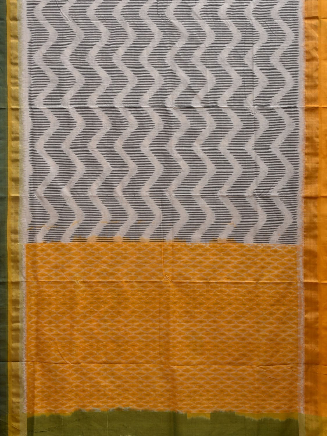 Yellow and White Pochampally Ikat Cotton Handloom Saree with Waves and Zari Border Design i0673