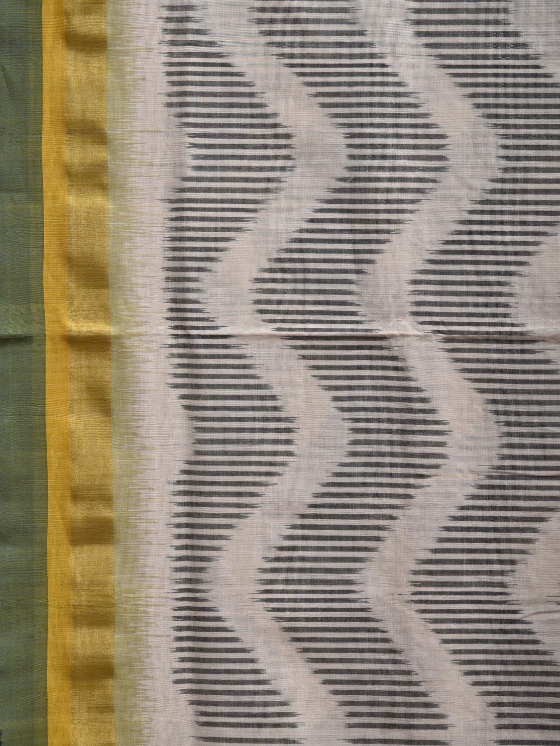 Yellow and White Pochampally Ikat Cotton Handloom Saree with Waves and Zari Border Design i0673