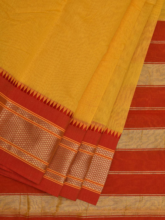 Yellow Bamboo Cotton Plain Saree with Narayanpet Border Design No Blouse o0350