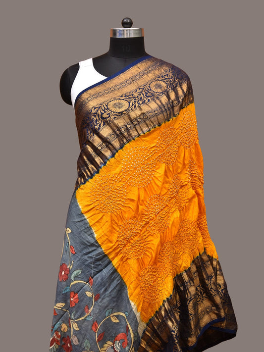 Yellow Bandhani Kanchipuram Silk Handloom Dupatta with Kalamkari Design ds3344