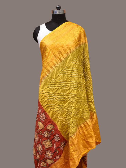 Yellow Bandhani Kanchipuram Silk Handloom Dupatta with Kalamkari Design ds3374