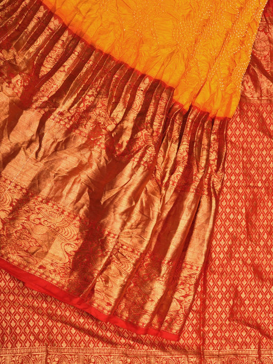 Yellow Bandhani Kanchipuram Silk Handloom Saree with Border and Pallu Design bn0429