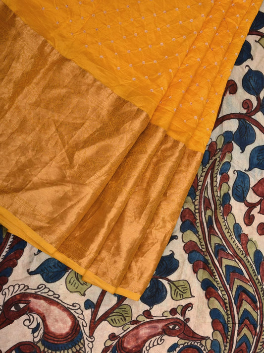 Yellow Bandhani Kanchipuram Silk Handloom Saree with Kalamkari Hand Painted Pallu and Blouse Design bn0400