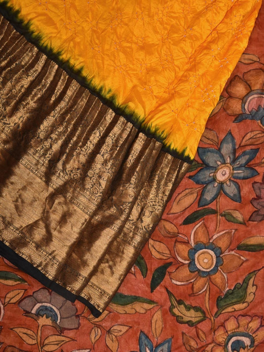 Yellow Bandhani Kanchipuram Silk Handloom Saree with Kalamkari Pallu and Blouse Design bn0395
