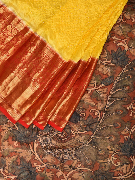 Yellow Bandhani Kanchipuram Silk Handloom Saree with Kalamkari Pallu and Blouse Design bn0482