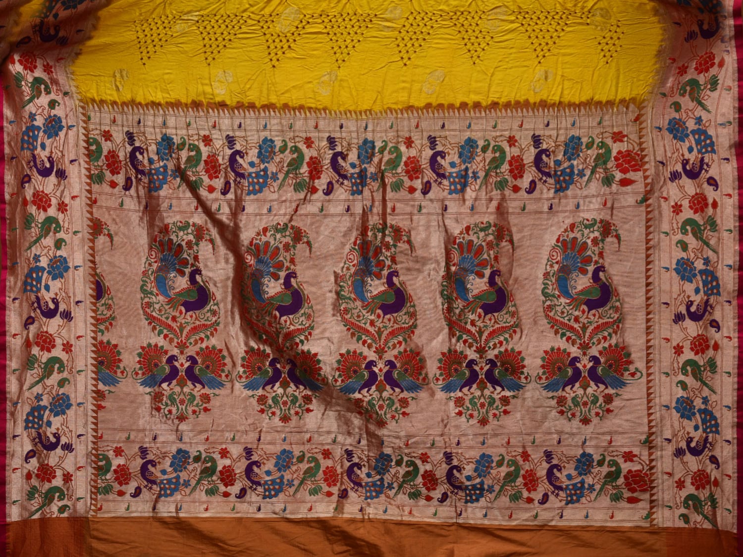 Yellow Bandhani Paithani Silk Handloom Saree with Peacock and Parrot Border Design bn0346