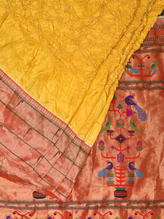 Yellow Bandhani Paithani Silk Handloom Saree with Triple Muniya Border Design bn0486