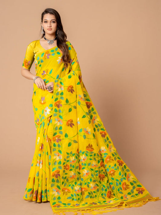 Yellow Dhakai Jamdani Cotton Viscose Saree with Floral Border and Pallu Design dj0106