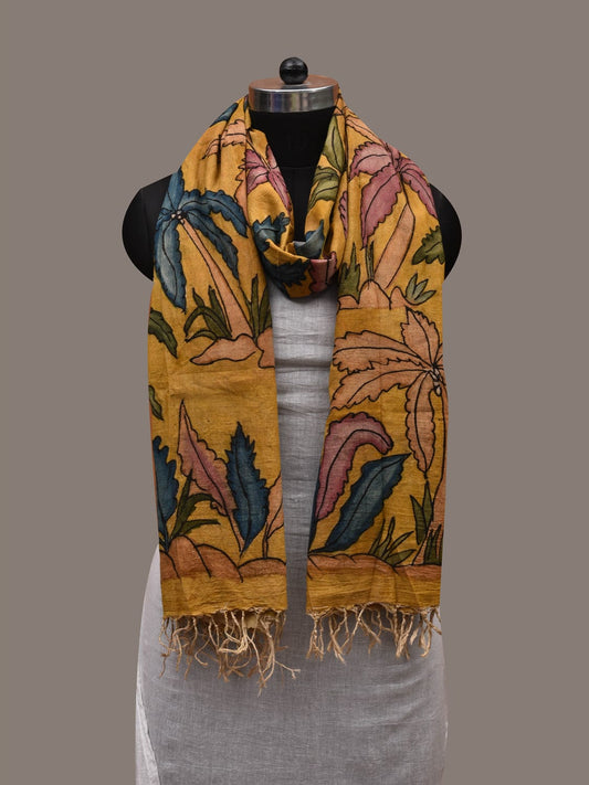 Yellow Kalamkari Hand Painted Cotton Handloom Dupatta with Birds and Trees Design ds2725