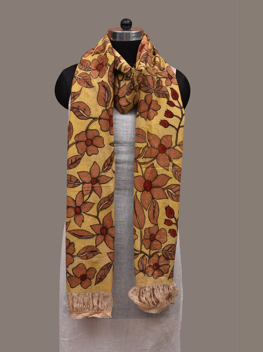 Yellow Kalamkari Hand Painted Cotton Handloom Dupatta with Doby Border and Floral Design ds2865