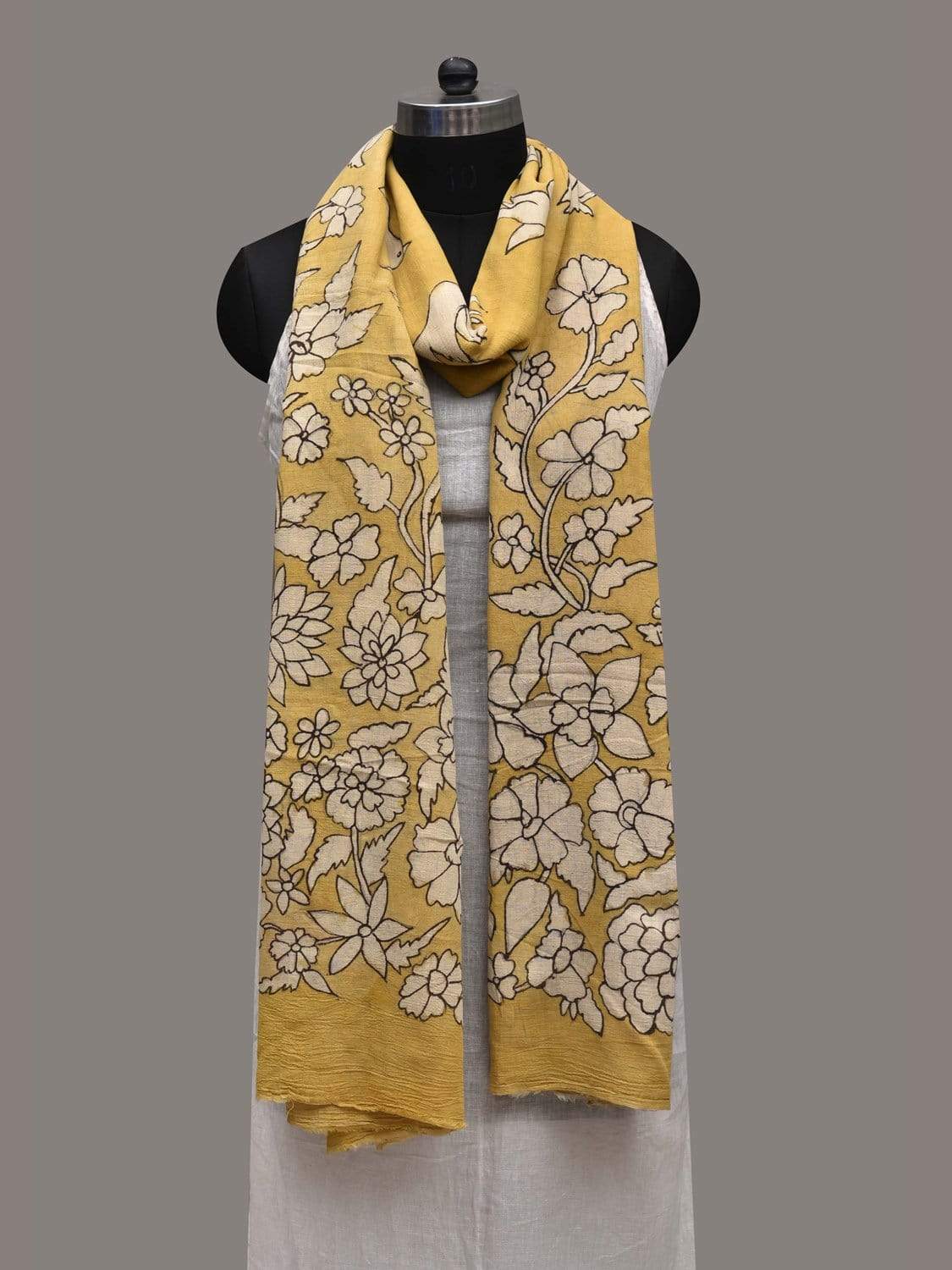 Yellow Kalamkari Hand Painted Cotton Handloom Dupatta with Floral and Birds Design ds2571