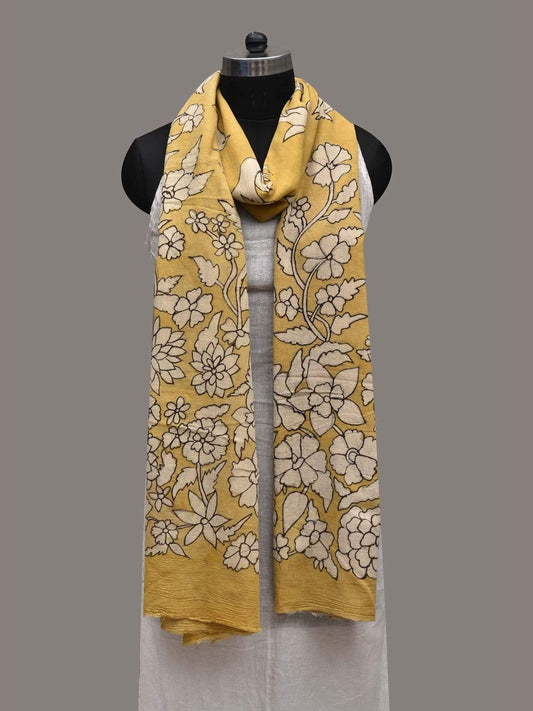 Yellow Kalamkari Hand Painted Cotton Handloom Dupatta with Floral and Birds Design ds2571