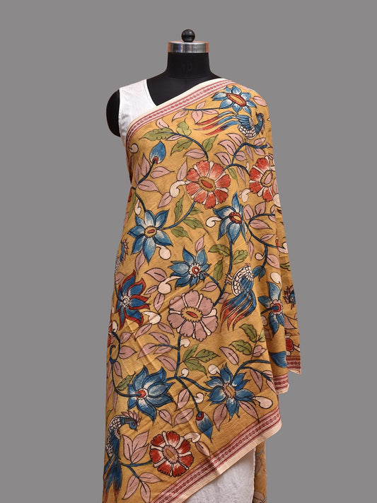 Yellow Kalamkari Hand Painted Cotton Handloom Dupatta with Floral and Birds Design ds3672