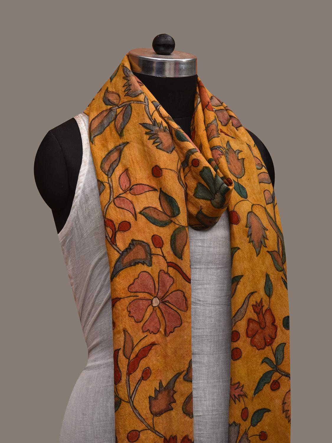 Yellow Kalamkari Hand Painted Cotton Handloom Dupatta with Floral and Dabi Border Design ds2935