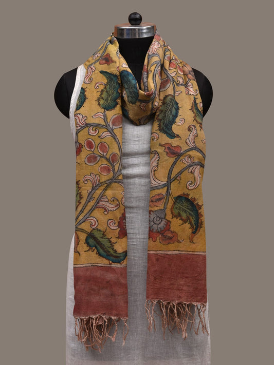 Yellow Kalamkari Hand Painted Cotton Handloom Dupatta with Floral Design ds2878