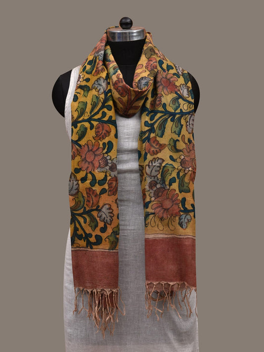 Yellow Kalamkari Hand Painted Cotton Handloom Dupatta with Floral Design ds2881