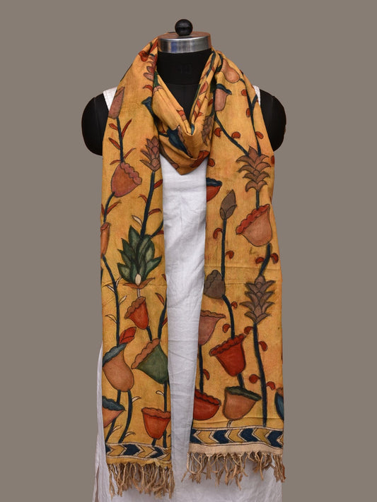 Yellow Kalamkari Hand Painted Cotton Handloom Dupatta with Floral Design ds3125