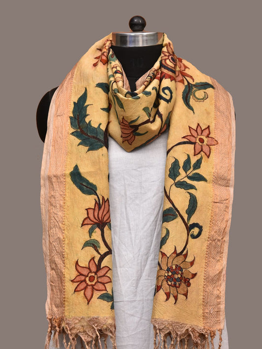 Yellow Kalamkari Hand Painted Cotton Handloom Dupatta with Floral Design ds3187