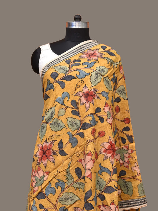 Yellow Kalamkari Hand Painted Cotton Handloom Dupatta with Floral Design ds3277