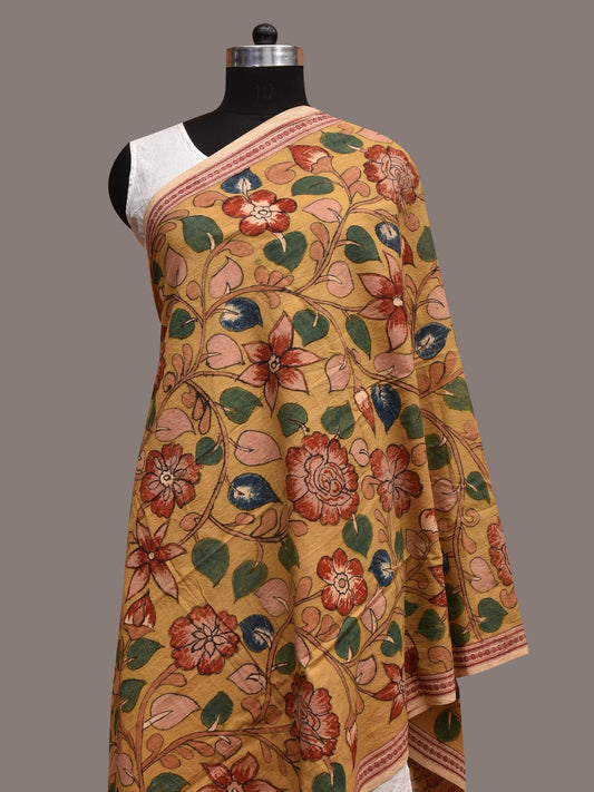 Yellow Kalamkari Hand Painted Cotton Handloom Dupatta with Floral Design ds3581