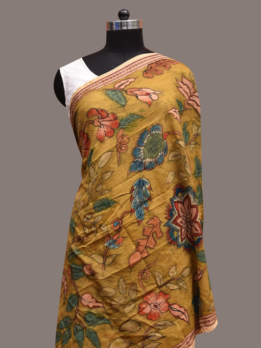 Yellow Kalamkari Hand Painted Cotton Handloom Dupatta with Floral Design ds3633