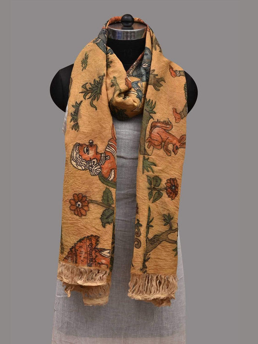 Yellow Kalamkari Hand Painted Cotton Handloom Dupatta with Hunters and Animals Design ds2585