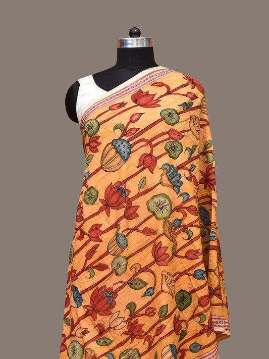Yellow Kalamkari Hand Painted Cotton Handloom Dupatta with Lotus Design ds3272