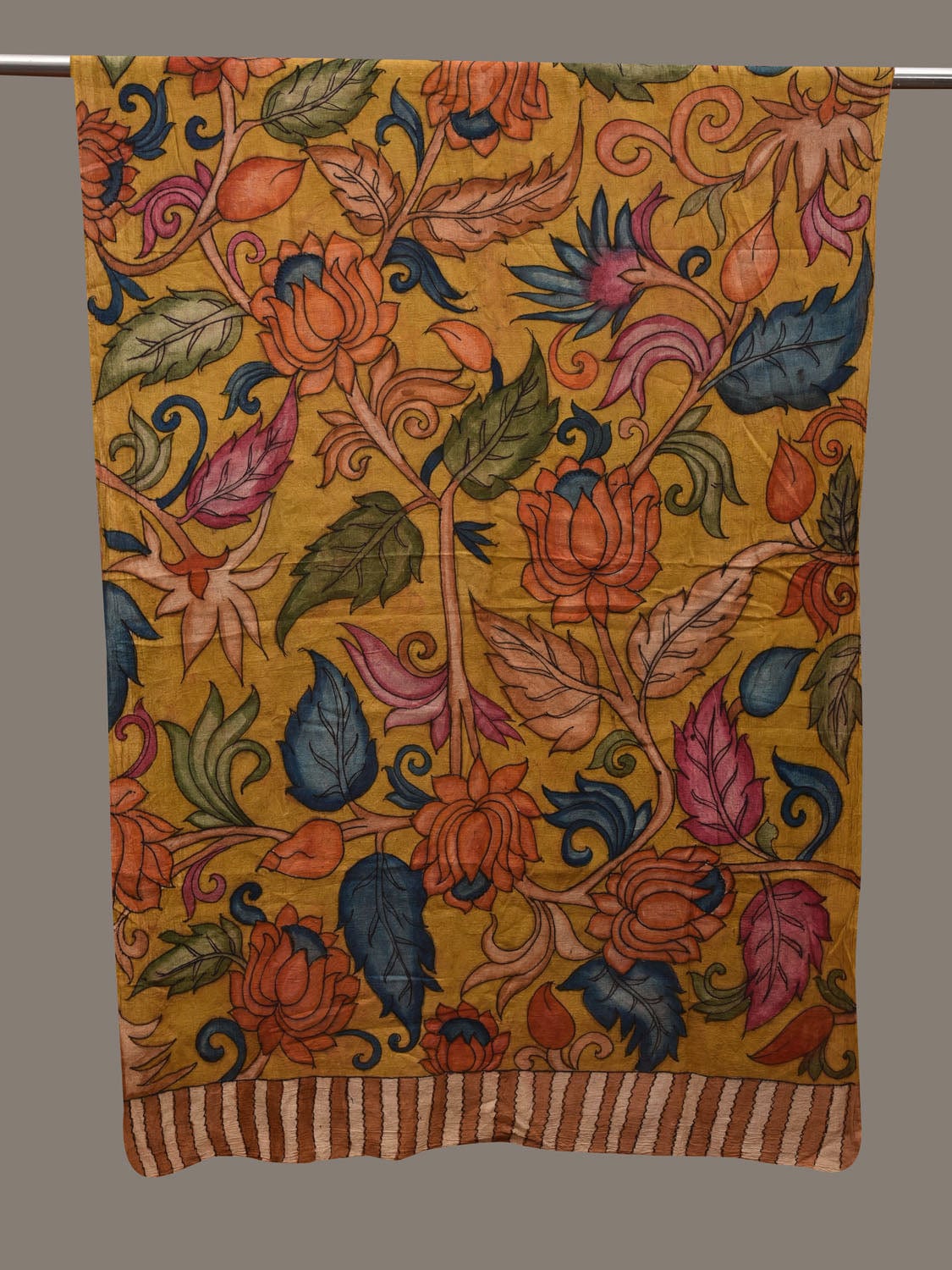 Yellow Kalamkari Hand Painted Cotton Handloom Dupatta with Lotus Flowers Design ds2822