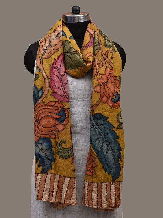 Yellow Kalamkari Hand Painted Cotton Handloom Dupatta with Lotus Flowers Design ds2822