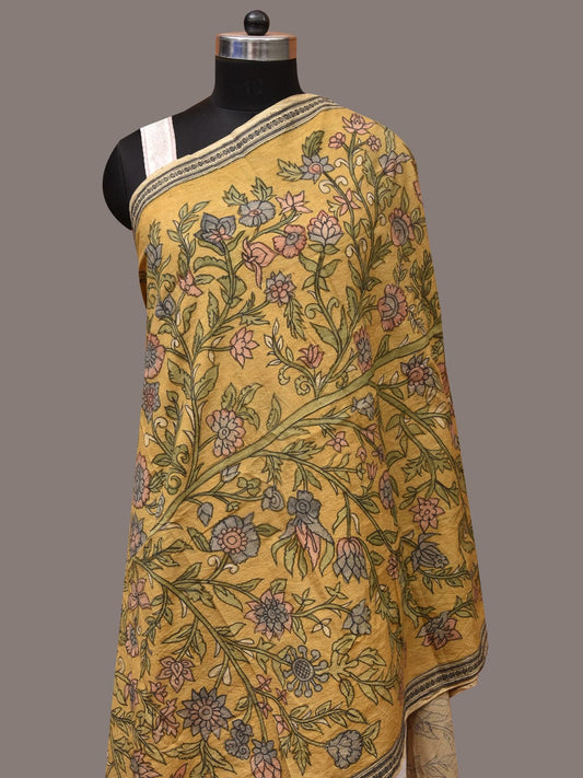 Yellow Kalamkari Hand Painted Cotton Handloom Dupatta with Tree of Life and Doby Border Design ds3456