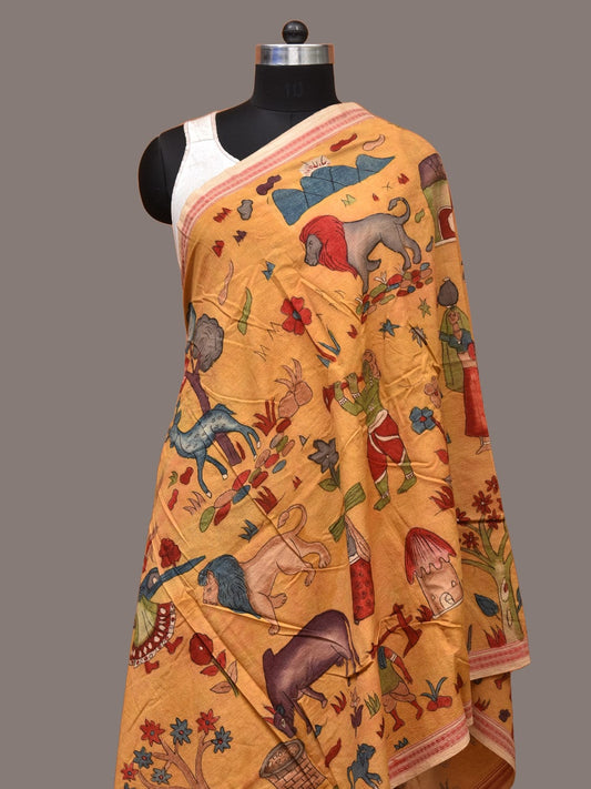 Yellow Kalamkari Hand Painted Cotton Handloom Dupatta with Village Theme and Doby Border Design ds3326