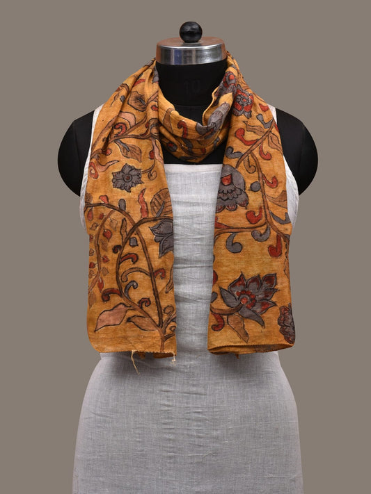 Yellow Kalamkari Hand Painted Cotton Handloom Stole with Flowers Design ds2826
