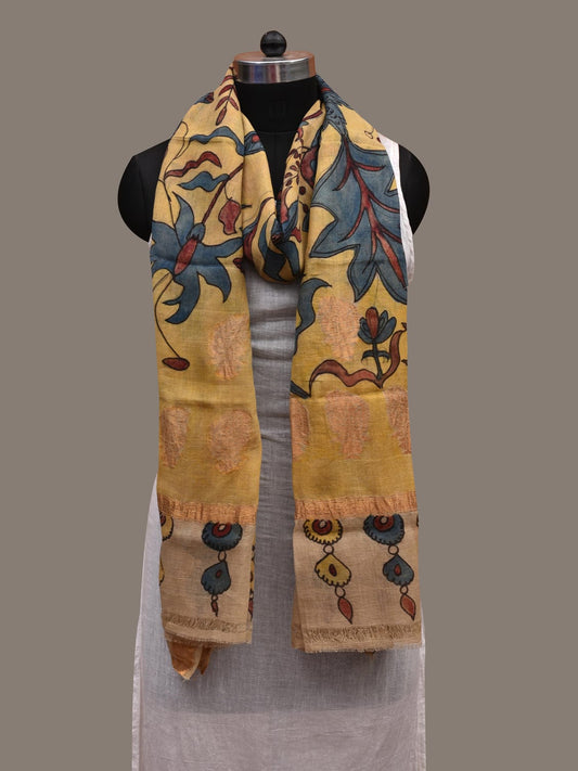 Yellow Kalamkari Hand Painted Cotton Silk Handloom Dupatta with Exotic Flowers Design ds2689