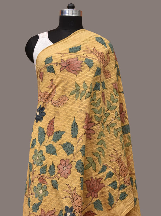 Yellow Kalamkari Hand Painted Cotton Silk Handloom Dupatta with Lotus and Birds Design ds3483