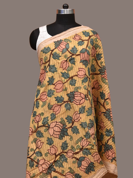 Yellow Kalamkari Hand Painted Cotton Silk Handloom Dupatta with Lotus Flowers Design ds3189