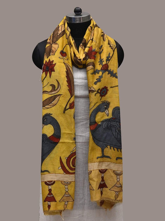 Yellow Kalamkari Hand Painted Cotton Silk Handloom Dupatta with Peacocks and Floral Design ds2528