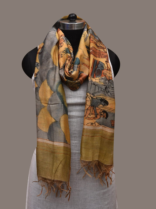 Yellow Kalamkari Hand Painted Cotton Silk Handloom Dupatta with Village Theme Design ds2719